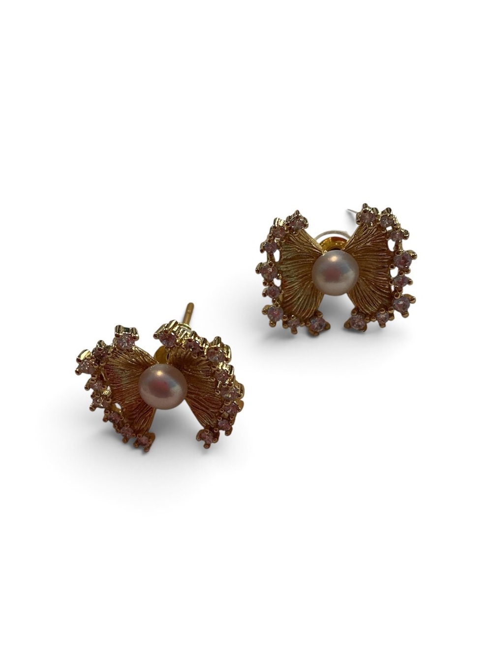 Gold Pearl Bow Stud Earrings - Women Jewelry